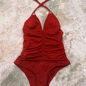 L * Space Reddish/Orange Halter One-Piece Swimsuit